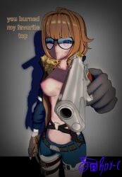 2d aiming_at_viewer belt belt_buckle breasts_out brown_hair burnt_clothes burnt_clothing digital_media_(artwork) dirty_skin english english_text front_view fuchsia_eyes girls'_frontline gloves grizzly_mkv_(girls'_frontline) gun gun_holster jacket jacket_open looking_at_viewer neutral_expression nipple nipples pink_nipples pistol png rhy-c self_upload serious serious_face serious_look shades short_hair shorts standing uncensored watermark weapon