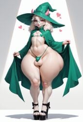 ai_generated anthro balls eyewear femboy goat heart_symbol high_heels huge_ass pink_eyes pink_horn ralsei ralsei_with_white_fur robe small_penis thick_thighs thicknesslord thong thong_bikini white_body wide_hips wizard_hat