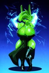 2018 alien alien_girl armpits arms_up big_breasts black_eyes blue_background blue_eyes blue_lips blue_lipstick breasts cleavage dress female female_only green_body green_dress green_hair green_skin hands_behind_head high_heel_boots joule_(plexus) lightning lightning_arms original original_character riendonut short_hair thick_thighs thighhigh_boots thighhighs thighs wide_hips