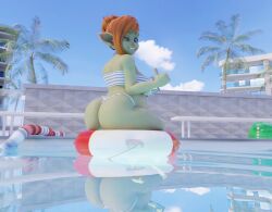 3d big_ass big_belly big_breasts bikini goblin_female image_set outdoors ovinaxu pool pregnant render rescue_buoy shortstack smiling winking_at_viewer