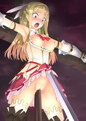 anal blonde_hair blood blush boots bound bound_arms breasts breasts_out censored cleavage_cutout crucifixion defeated detached_sleeves double_penetration dress dress_lift f-ism feathers female gradient_hair hair_ornament hairband large_breasts long_hair multicolored_hair murakami_suigun nipples no_panties object_insertion open_mouth orange_hair original pain pink_eyes polearm pussy rape restrained screaming solo sweat sword thigh_boots thighhighs torture vaginal_blood vaginal_object_insertion vaginal_penetration virgin virginal_blood weapon weapon_penetration