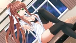 1girls 2017 anime_style bra breasts brown_hair button_down_shirt cleavage collarbone collared_shirt color doki_doki_literature_club female female_only green_eyes hi_res high_resolution highres human human_only kazenokaze long_hair looking_at_viewer monika_(doki_doki_literature_club) ponytail reaching_out reaching_towards_viewer smile smiling smiling_at_viewer solo solo_female thick_thighs thighhighs thighs unbuttoned unbuttoned_shirt white_bow white_shirt