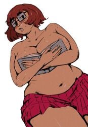 1girls big_breasts book book_covering_breasts brown_hair covering_breasts freckles freckles_on_face glasses light-skinned_female light_skin looking_at_viewer looking_down meme ouch_meme redblacktac scooby-doo skirt skirt_only thick_thighs velma_dinkley wide_hips