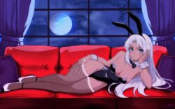 1girls absurd_res alternate_costume amanda_peach blue_eyes cleavage couch dark-skinned_female dark_skin elma_(xenoblade_x) fishnets high_res indoors leotard looking_at_viewer monolith_soft moon on_couch playboy_bunny rabbit_ears white_hair xeno_(series) xenoblade_(series) xenoblade_chronicles_x