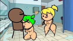 african_male bathroom_stall belly_button biting_lip black_limbs black_skin cartoon closed_eyes cyanide_and_happiness dyed_hair edit edited_image green_hair groping_breasts groping_self holding_head japansadface masturbating_while_watching mirror nipples on_knees penis_in_mouth pink_lips ponytail public_bathroom raised_eyebrow smiling_at_partner standing staring_at_partner tan_areola thick_thighs trash_can wet_floor white_female