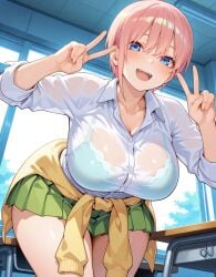 1girls ai_generated alternate_breast_size big_breasts bostin bra_visible_through_clothes breasts busty curvaceous curvy curvy_body curvy_female curvy_figure female go-toubun_no_hanayome huge_breasts large_breasts nakano_ichika nipples school_uniform sitting skirt solo sweat sweating sweaty sweaty_body sweaty_breasts thick_thighs thighs