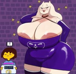 1girls anthro areolae big_breasts breasts cleavage closed_eyes dress enormous_breasts frisk furry huge_breasts human imago_ic mature mature_female milf nipple_slip thick_thighs toriel undertale undertale_(series) voluptuous voluptuous_female white_fur wide_hips