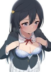 absurdres anime_coloring black_hair blue_bra blush bra breasts cleavage commentary embarrassed female grey_eyes highres ikesho0612 large_breasts love_live! love_live!_nijigasaki_high_school_idol_club nijigasaki_school_uniform one_side_up school_uniform solo underwear undressing white_background winter_uniform yuki_setsuna