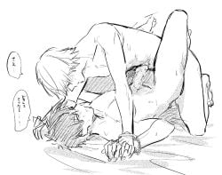 2boys anal anal_sex censored co_ichi completely_nude erection full_body gay gintama handcuffed_together handcuffs hijikata_toshiro holding_hands male male_only missionary_position monochrome nude okita_sougo on_back penis restrained sketch yaoi