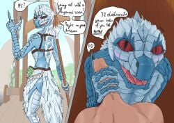 absurd_res ambiguous_gender anthro back_spikes blue_body blue_scales bottomwear capcom clothing devarg digital_drawing_(artwork) digital_media_(artwork) duo english_text fanged_wyvern flushed forked_tongue genitals glaive hair handjob hi_res high-angle_view human looking_at_viewer male mammal melee_weapon miniskirt monster_hunter penile penis polearm rear_view red_sclera rude scales sex skirt slim snout spiked_tail spikes spikes_(anatomy) tail text tobi-kadachi tongue weapon white_hair