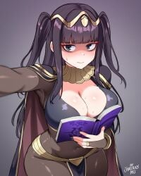 1girls big_breasts black_eyes black_hair black_nail_polish black_nails blush bodystocking book breasts cape cleavage clothing female female_only fire_emblem fire_emblem_awakening hair hips holding_object huge_breasts jarckius long_hair meme meme_reference nail_polish nails object_between_breasts ouch_meme revealing_clothes solo solo_female sweat sweatdrop tharja_(fire_emblem) twintails