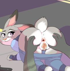 2016 anthro anus ass big_butt clitoris clothing disney female judy_hopps lagomorph mammal pussy rabbit smile spread_anus spread_pussy spreading sprocket zootopia