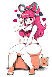 1girls barefoot blush booty bow bow_bra bra breasts cleavage disney disney_channel eyebrows_visible_through_hair feet female female_only giffany gravity_falls hair_ornament heart kenron_toqueen large_breasts licking_lips lingerie long_hair navel panties pink_bra pink_eyes pink_hair pink_panties sitting smile solo straight_hair thick_thighs thighs toes white_background