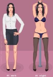 1girls armpits arms_up bare_midriff black_footwear black_hair black_shoes black_skirt blue_eyes bra bracelet character_request cleavage collarbone english_text female female_only front_view heels jewelry long_sleeves manacles multiple_poses multiple_views navel office_clothing office_lady panties pixel_art restrained restrained_arms sagitarius shaved_armpit simple_background small_breasts source_request text thighhighs thong tied_up url white_shirt