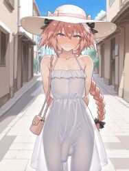 1boy 1femboy 2025 ai_generated astolfo_(fate) dress fate_(series) femboy feminine_male girly mo_(kireinamo)_(style) no_panties outdoors outside penis penis_visible_through_clothing pink_hair rebellition953 see-through see-through_clothes see-through_clothing see-through_dress trap white_dress