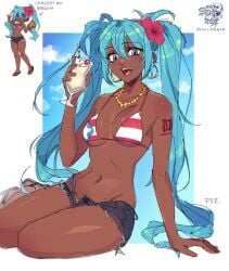 1girls 2d afrolatina asian_latina bikini dark-skinned_female dark_skin female female_only hatsune_miku latina puerto_rican_female puerto_rican_flag_bikini puerto_rican_miku skullfraxr small_breasts