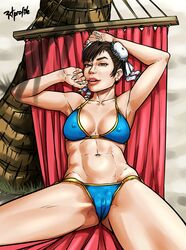 bikini cameltoe chun-li cleavage covered_nipples erect_nipples hammock radprofile solo street_fighter