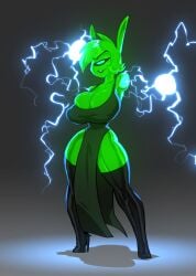 2017 alien alien_girl big_breasts bigdad black_eyes blue_eyes breasts cleavage cyclops female female_only gray_background green_body green_dress green_hair green_skin grey_background high_heel_boots joule_(plexus) lightning one_eye original original_character short_hair thick_thighs thighhigh_boots thighhighs thighs wide_hips