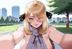 1girls ai_generated big_breasts blonde_female blonde_hair blonde_hair_female city city_background cityscape civitai cynthia_(pokemon) dug-lith-pls fat_breasts grey_eyes imminent_kiss kiss_pov kissy_face kissy_lips large_breasts long_blonde_hair long_hair mature_female milf mommy nintendo outdoors outside park park_background pokemon revealing_clothes seductive seductive_look seductive_smile shiny_skin solo solo_female solo_focus tagme thiccwithaq_(ai_style) virgin_killer_sweater