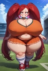 absurdly_long_hair ai_generated aiba_manami belly_overhang gigantic_breasts gigantic_hips la_brava_(my_hero_academia) my_hero_academia obese red_hair shortstack thick_thighs twintails twintails_(hairstyle) u.a._cheerleader_outfit