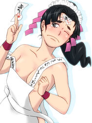 1girls apron bare_shoulders black_eyes black_hair blush breasts female gyakuten_saiban human jinxie_tenma naked_apron nipples one_eye_closed short_hair solo text white_background