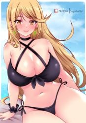 1girls arm_support beach_towel big_breasts bikini black_bikini blonde_hair blush choker cleavage cloud collarbone earrings jewelry long_hair looking_at_viewer mythra navel nintendo ocean side-tie_bikini_bottom sitting sky smile sugarbell swimsuit towel water wristband xenoblade_(series) xenoblade_chronicles_2 yellow_eyes