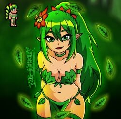 armlet armlets barely_clothed big_breasts breasts cleavage dryad dryad_(terraria) elf_ears eyelashes green_eyes green_hair high-angle_view hips hips_wider_than_shoulders leaf_bikini leaf_clothing lips loincloth plant pointy_ears re-logic tagme terraria thick_thighs thighs thighs_together wide_hips wide_thighs