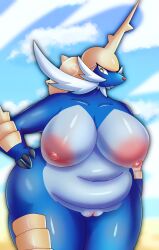 absurd_res anthro belly big_breasts blue_body breasts clothing female fur generation_5_pokemon genitals headgear headwear hi_res huge_breasts nintendo orange_eyes parassite pokemon pokemon_(species) pussy samurott slightly_chubby slightly_chubby_anthro slightly_chubby_female standing whiskers white_body white_fur