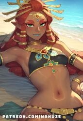 ai_generated big_ass big_butt big_thighs blush dark-skinned_female fishnet_legwear fishnets green_eyes huge_ass huge_butt huge_thighs jewelry lying makeup red_hair small_breasts wanuze wide_hips