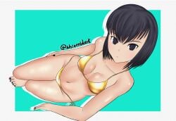 1girls bikini black_hair breasts cleavage curvy female female_only gold_bikini hair_between_eyes kuonji_alice light-skinned_female mahou_tsukai_no_yoru shiomidark short_hair swimsuit thighs type-moon