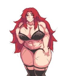 big_breasts gebura_(lobotomy_corporation) library_of_ruina lingerie lobotomy_corporation looking_at_viewer muscular_female project_moon red_hair scar scars scars_all_over smiling_at_viewer thick_thighs toned undressing