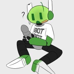 botbot_(naughtyfey) green_eyes male masturbation naughtyfey robot white_background white_shirt