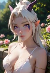 1girls ai_generated blush cleavage elf elf_ears facial_markings female horns looking_at_viewer rayla_(the_dragon_prince) smile solo solo_female solo_focus straps the_dragon_prince violet_eyes white_dress white_hair