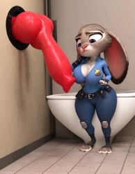 ai_generated bathroom big_breasts canine canine_penis contemplating disappointed_look huge_ass judy_hopps penis_bigger_than_body police_uniform red_rocket shortstack small_penis smaller_female thick_thighs thin_waist thinking wide_hips zootopia