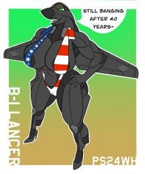 1girls aeromorph aircraft american_flag_bikini animate_inanimate anthrofied b-1r big_breasts breasts female hands_on_hips living_aircraft living_machine muscular muscular_arms protoskip swimwear text thick_thighs wide_hips