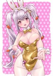 alice_(nikke) alice_(wonderland_bunny)_(nikke) alternate_color animal_ear_hairband animal_ears bow bowtie breasts carrot_hair_ornament cowboy_shot detached_collar fake_animal_ears food-themed_hair_ornament goddess_of_victory:_nikke gold_bowtie gold_leotard grey_background hair_ornament hairband highres large_breasts leotard long_hair name_tag_hair_ornament open_mouth pantyhose pink_background pink_eyes playboy_bunny rabbit_ears round_teeth sex_toy smile strapless strapless_leotard suika_blue teeth twintails upper_teeth_only vibrator white_pantyhose white_wrist_cuffs wrist_cuffs