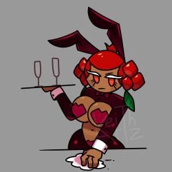 artzkeith big_breasts bunny_ears bunny_girl bunnysuit cleavage cookie_run covered_nipples curvy curvy_figure dark-skinned_female dark_skin eyelashes glass holding_object holding_plate pomegranate_cookie red_eyes red_hair reverse_bunnysuit tagme towel waitress wide_hips wiping