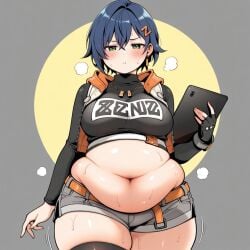 1female 1girls ai_generated bbw belle_(zenless_zone_zero) belly belly_button big_belly blue_hair breasts chubby chubby_belly chubby_female chubby_girl exposed_fat_belly fat fat_girl fat_woman female female_focus female_only hoyoverse kipteitei light-skinned_female light_skin mihoyo mihoyo_technology_(shanghai)_co._ltd. proxy_(zenless_zone_zero) short_hair sitting solo solo_female solo_focus zenless_zone_zero