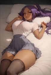 1girls ai_generated big_breasts bleach breasts female female female_focus female_only laying_down laying_on_back laying_on_bed long_hair purple_hair school_uniform schoolgirl shihouin_yoruichi skirt thick_thighs thighhighs thighs yellow_eyes