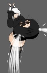 big_ass big_breasts breast_expansion breasts_bigger_than_head grey_background massive_breasts milk milking milking_machine nier:_automata robot robot_girl robot_humanoid stretching white_hair whyhyper69 yorha_2b