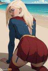 1girls ai_generated all_fours artist_name ass beach blonde_hair blue_eyes blue_sky blush breasts cape day dc dc_comics from_behind garter_straps hi_res kara_danvers kara_zor-el legion_of_superheroes long_hair long_sleeves looking_at_viewer looking_back miniskirt ocean outdoors red_cape red_skirt red_thighhighs rule34lab sand skirt sky solo supergirl superhero superman_(series) thighhighs tomorrowverse