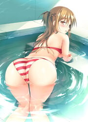 1girls aincrad alternate_costume ass back bent_over bikini blush braid breast_rest breasts brown_eyes brown_hair crossed_arms female female_only folded_ponytail hair_up half_updo long_hair looking_at_viewer looking_back open_mouth parted_lips partially_submerged pov_ass red_bikini solo sousouman striped striped_bikini striped_swimsuit swimsuit sword_art_online thigh_gap thighs tied_hair underboob water wet wide_hips yuuki_asuna