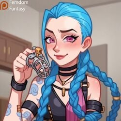 1girls ai_generated another cage chastity cocky device dominant domination dominatrix female femdom femdomfantasyai jinx_(league_of_legends) league_of_legends league_of_legends:_wild_rift locked offering only slave smile solo to viewer