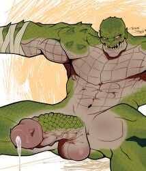 absurd_res balls batman_(series) bodily_fluids captain_smutty crocodilian cum dc_comics erection genital_fluids genitals glans hi_res killer_croc male monster muscular muscular_male nude penis reptile scales scalie solo vein veiny_penis