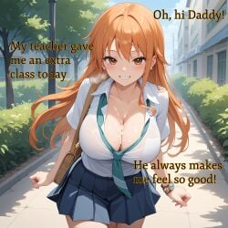 after_paizuri after_sex ai_generated cleavage clothed clothing cum cum_on_breasts cum_under_clothes english english_text large_breasts looking_at_viewer nami nami_(one_piece) netorare ntr one_piece orange_eyes orange_hair school_uniform schoolgirl_uniform skirt text waifulovecum