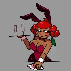 artzkeith big_breasts bunny_ears bunny_girl bunnysuit cleavage cookie_run curvy curvy_figure dark-skinned_female dark_skin eyelashes glass holding_object holding_plate pomegranate_cookie red_eyes red_hair tagme towel waitress wide_hips wiping