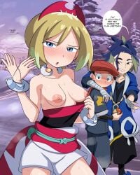 ... 1girls 2boys adaman_(pokemon) bandage bandaged_arm black_eyes black_hair blonde_hair blue_eyes blue_hair blush bracelet breasts brown_eyes cap collar female green_hair hagarza_p hairband holding_object irida_(pokemon) male multicolored_hair partially_clothed pearl_(gem) pokeball pokemon pokemon_legends:_arceus rei_(pokemon) scarf short_hair snow sweat