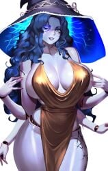 1girls arant_king areolae areolae_slip big_breasts blue_eyes blue_hair blue_skin breasts cleavage elden_ring female fromsoftware huge_breasts nipple_bulge one_eye_closed ranni_the_witch sideboob solo thick_thighs wide_hips