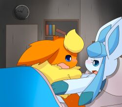 absurd_res bed bedding blanket blue_body blue_eyes blue_fur blush bodily_fluids book bookshelf canid clock covering covering_self cum cum_in_pussy cum_inside digital_media_(artwork) door ears_down eeveedream_(artist) eeveelution eeveelution_squad embarrassed eye_contact female female_penetrated flare_(eeveelution_squad) flareon fur fur_markings furniture generation_1_pokemon generation_4_pokemon genital_fluids glaceon hi_res inside lazuli_(eeveelution_squad) looking_at_another male male/female male_penetrating male_penetrating_female mammal markings nintendo on_bed on_top open_mouth orange_body orange_fur penetration pillow pivoted_ears pokemon pokemon_(species) saliva saliva_string sex sweat sweatdrop tongue vaginal_penetration vaginal_penetration