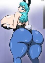 1girls :o absurdres animal_ears ass big_ass big_breasts blue_eyes blush breasts bulma_briefs clothing dibuctor dragon_ball dragon_ball_z female female_focus female_only green_hair highres huge_ass huge_breasts long_hair nipples nude open_mouth pussy size_difference sole_female solo solo_female solo_focus